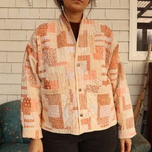 Upcycled Quilted Patchwork Jacket in Orange and Cream Vintage M • L
